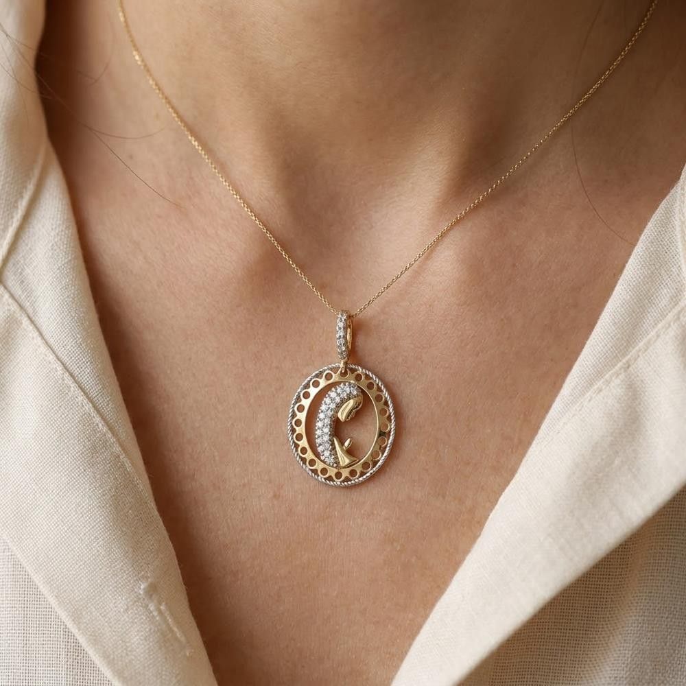 Ciondolo Madonna Medaglia Ovale in Oro Giallo e Bianco 18 Kt