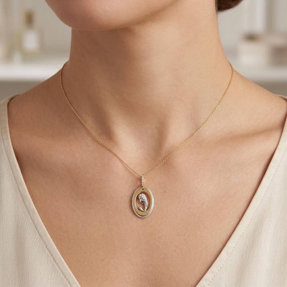 Ciondolo Madonna Medaglia Ovale in Oro Giallo e Bianco 18 Kt