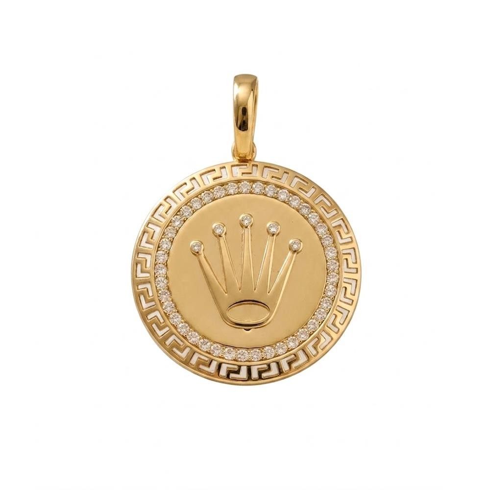 Ciondolo Medaglia Corona in Oro Giallo 18 Kt e Cubic Bianca