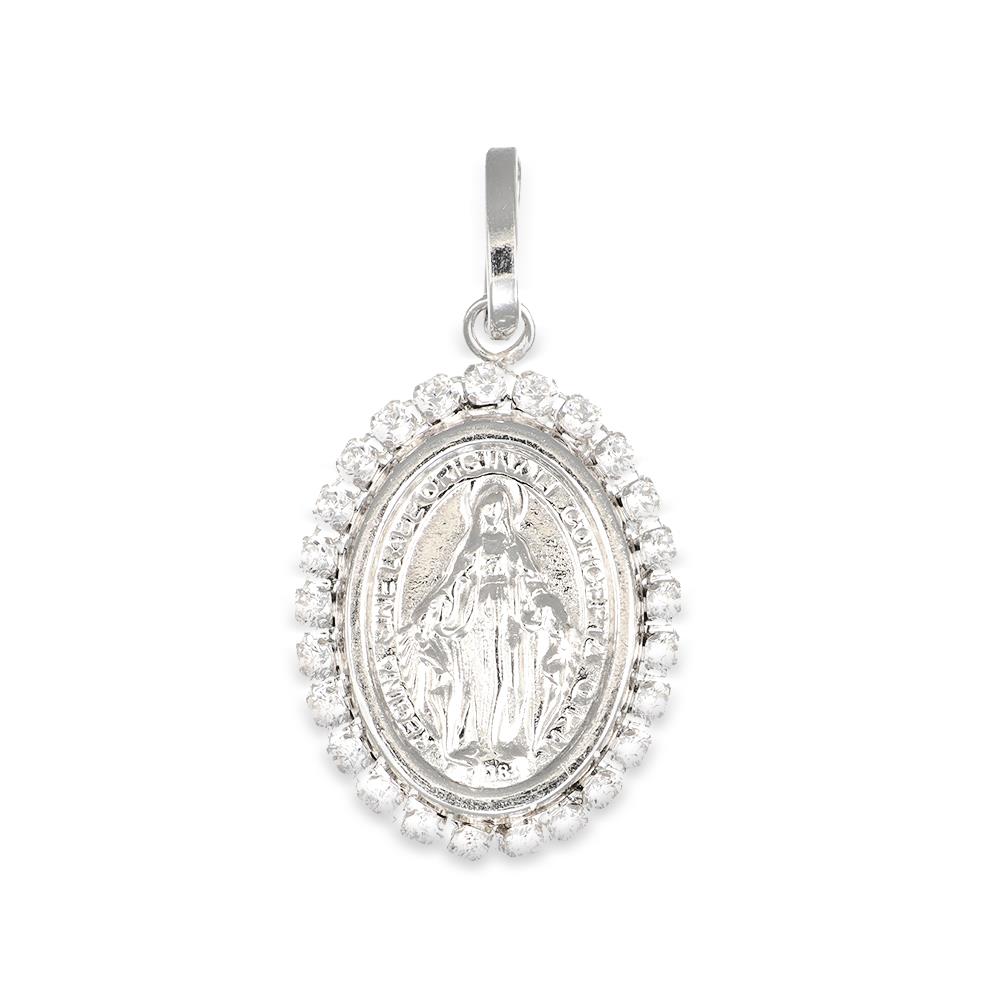 Ciondolo Medaglia Ovale Madonna in Oro Bianco 18 Kt e Cubic