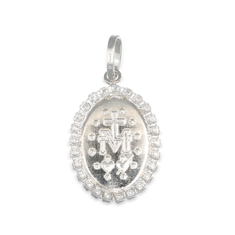 Ciondolo Medaglia Ovale Madonna in Oro Bianco 18 Kt e Cubic