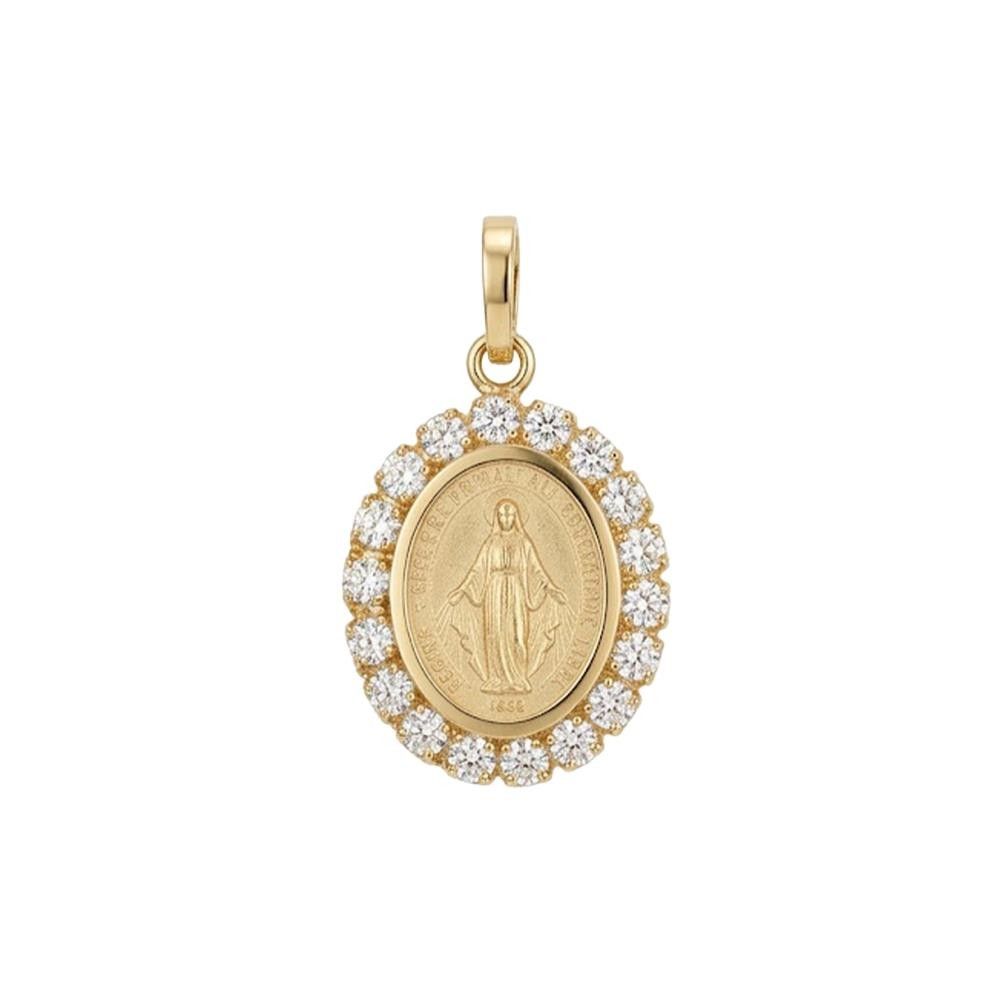 Ciondolo Medaglia Ovale Madonna in Oro Giallo 18 Kt e Cubic Bianca