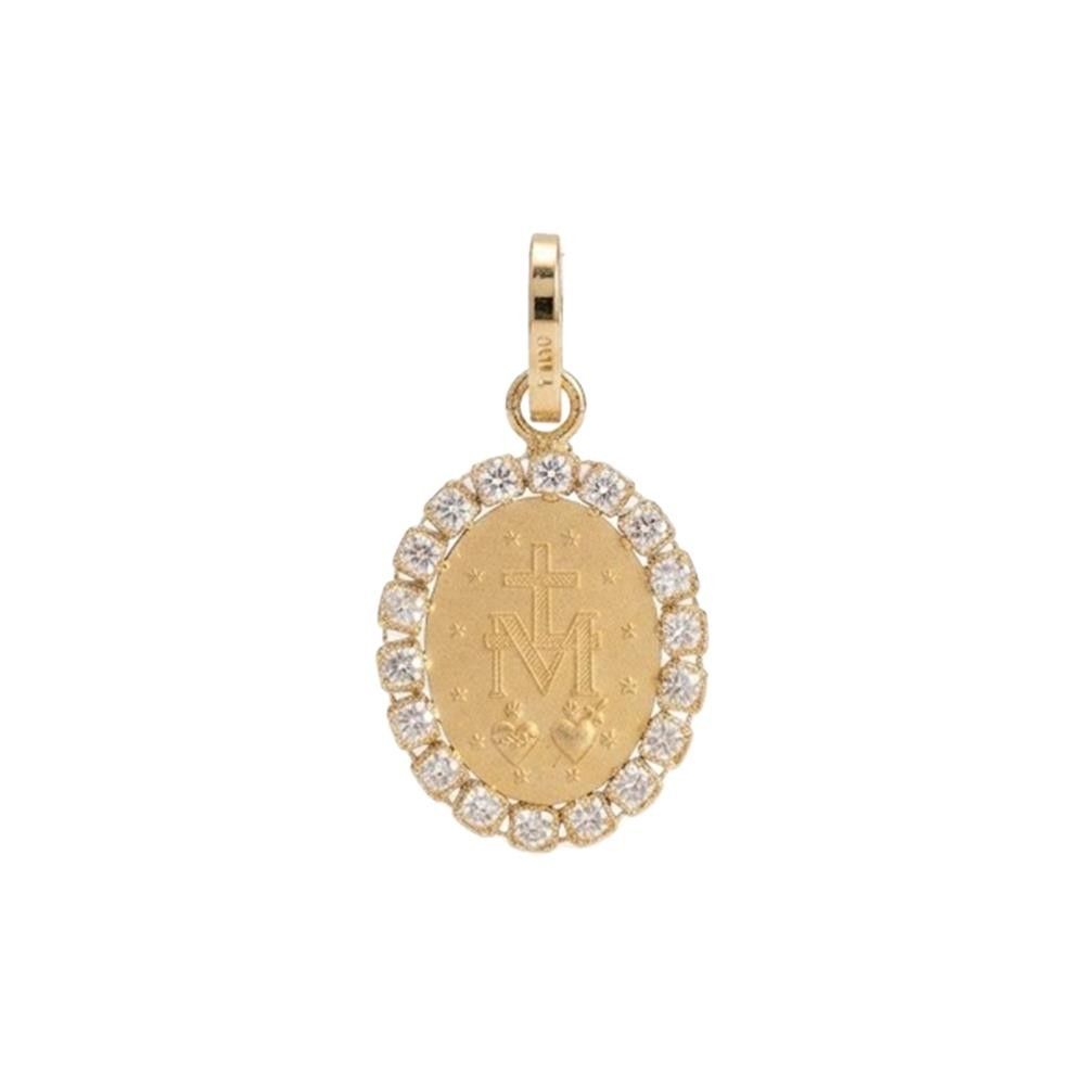Ciondolo Medaglia Ovale Madonna in Oro Giallo 18 Kt e Cubic Bianca