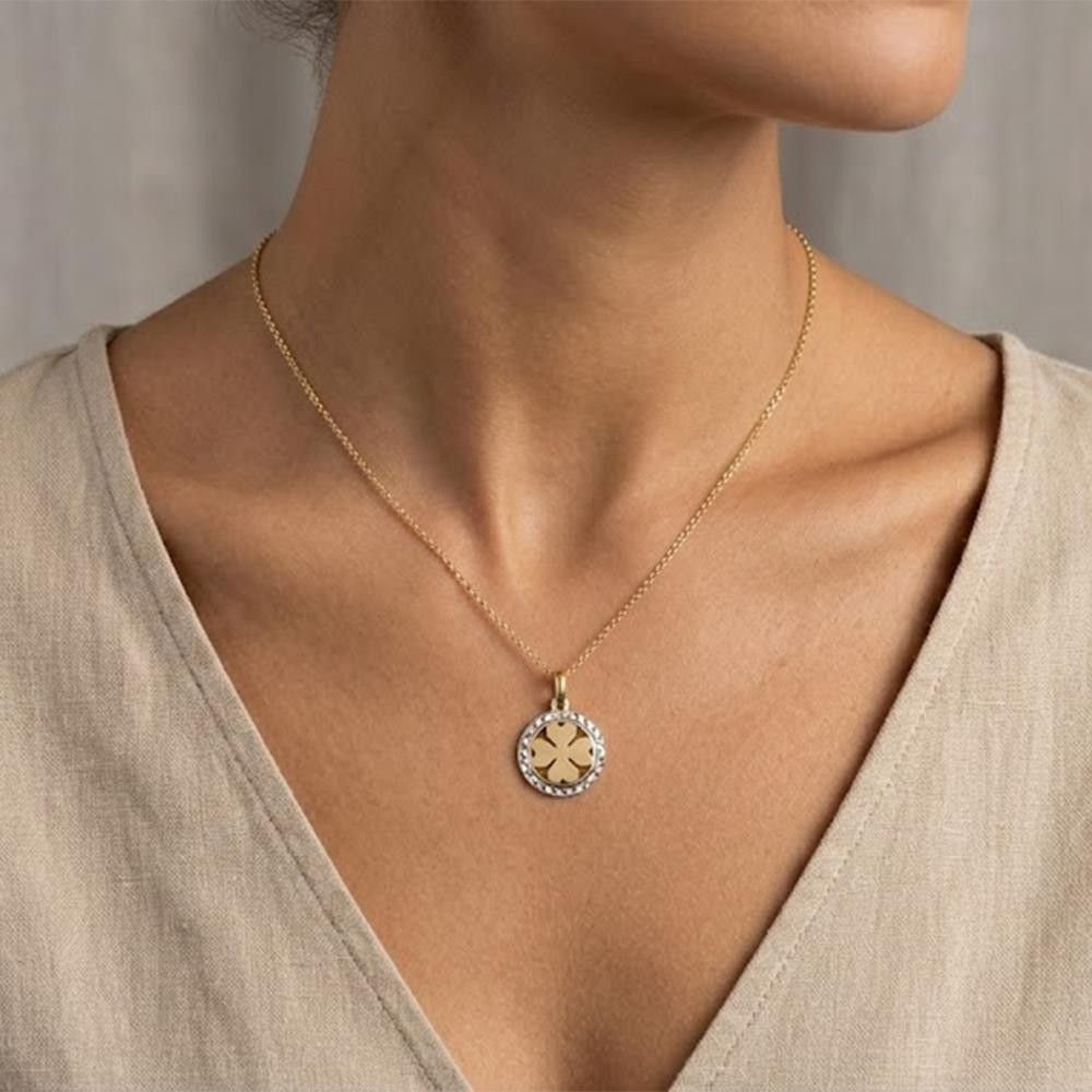 Ciondolo Medaglia Quadrifoglio in Oro 18 Kt
