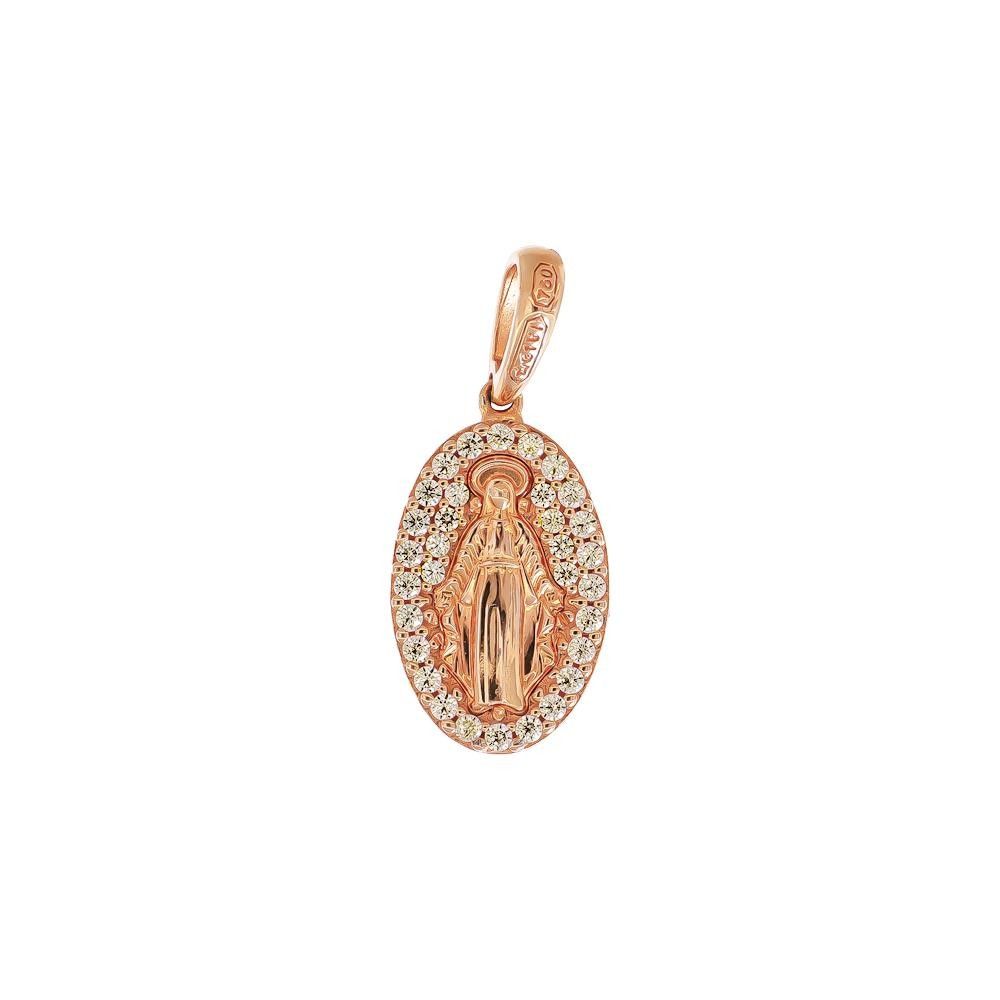 Ciondolo Ovale con Madonna in Oro Rosa 18 Kt e Cubic