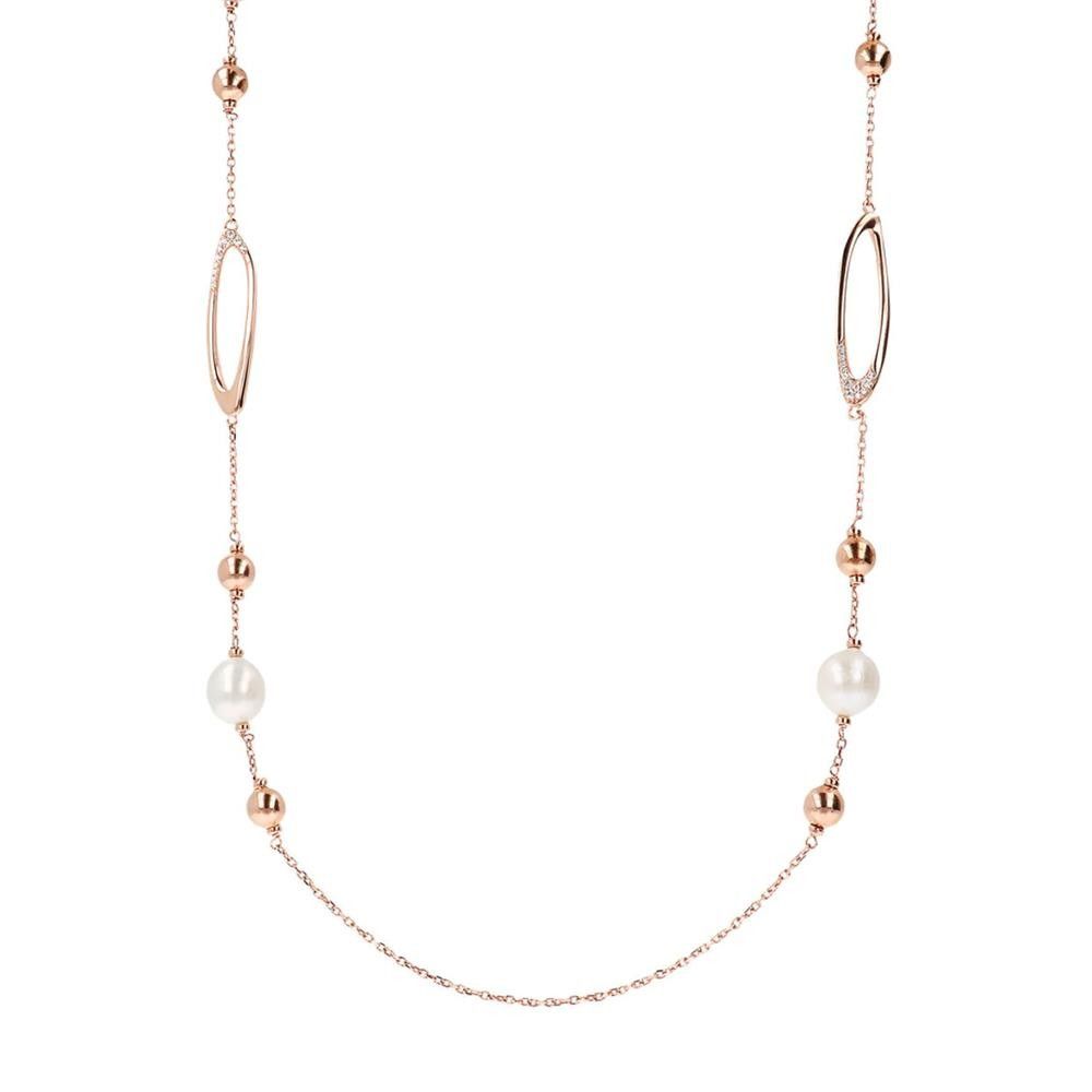 Collana Bronzallure Lunga Catena Rolo con Dettagli Ovali e Perle Coltivate d'Acqua Dolce
