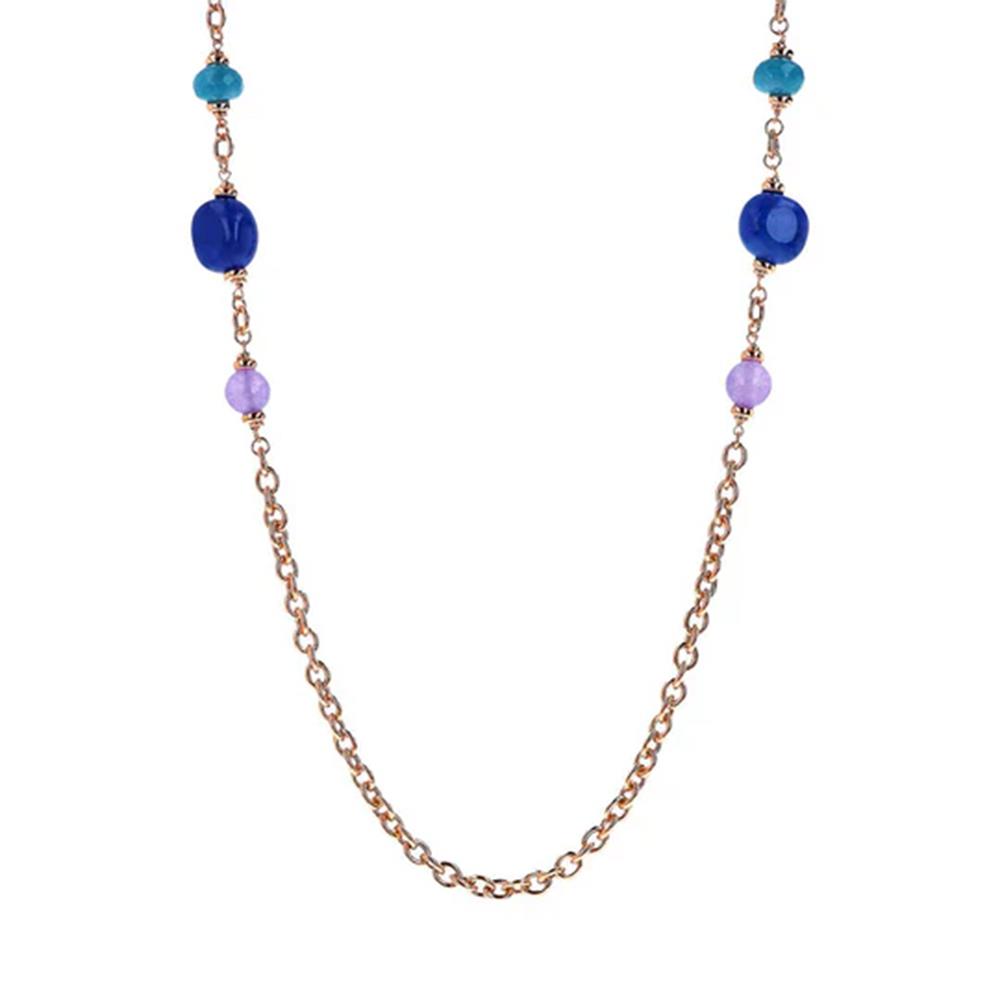 Collana Bronzallure Lunga Catena Rolo con Station di Bead e Pietre Naturali Quarziti