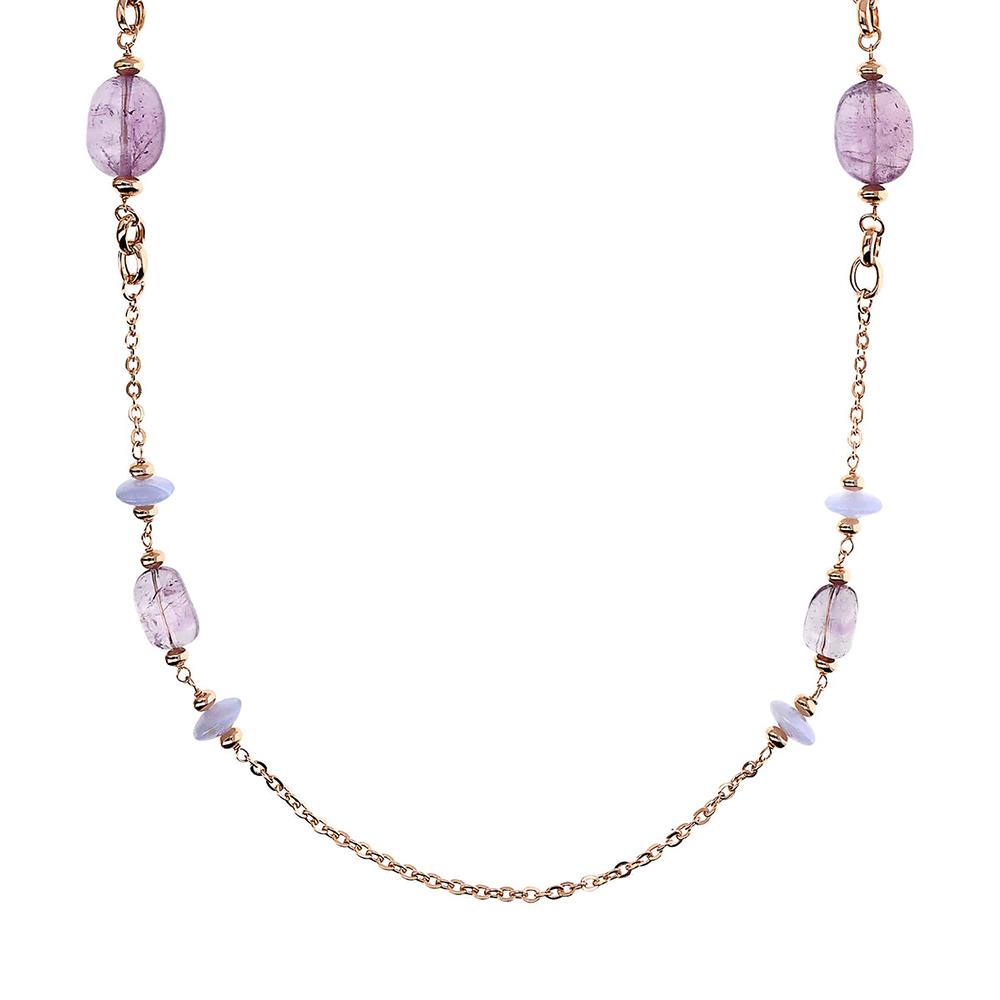 Collana Bronzallure Preziosa Lunga Catena Rolo con Rondelle e Pietre Naturali