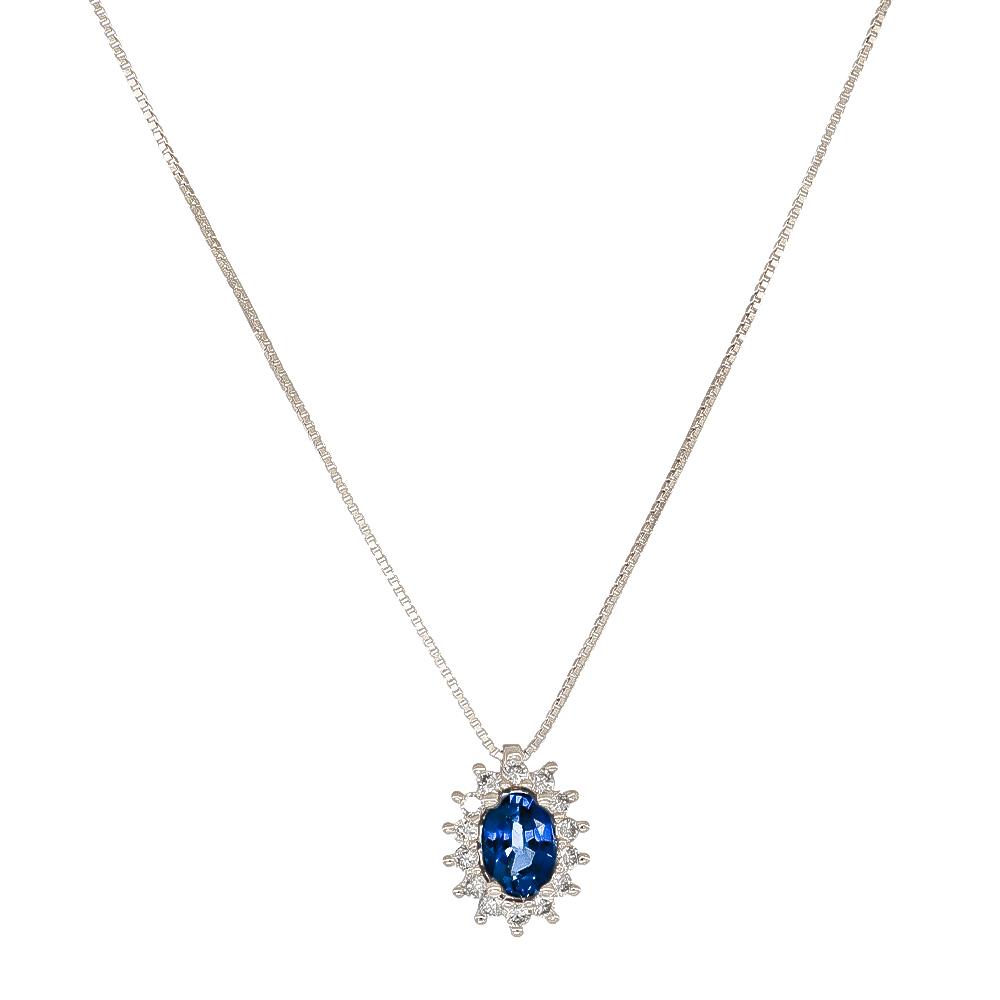 Collana Cardinale in Oro Bianco 18 Kt Diamanti e Zaffiro Blu