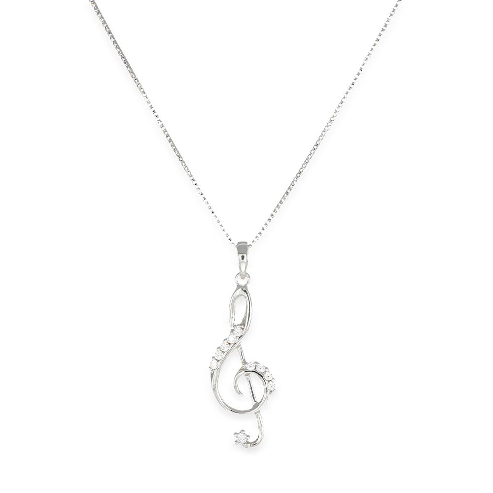 Collana Chiave di Violino in Oro Bianco 18 Kt e Cubic