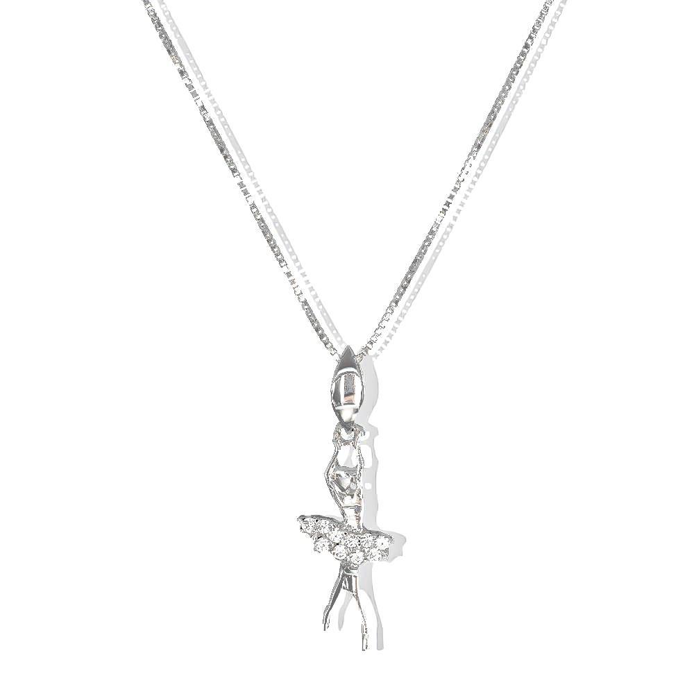 Collana con Ballerina In Oro Bianco 18 Kt e Cubic Bianca