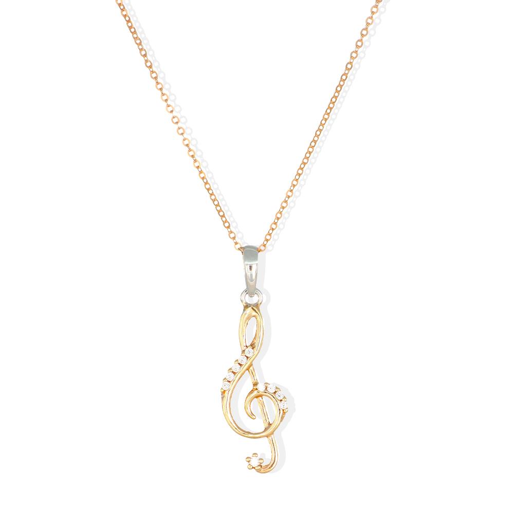 Collana con Chiave di Violino in Oro Giallo, Bianco, Rosa 18 Kt e Cubic Bianca