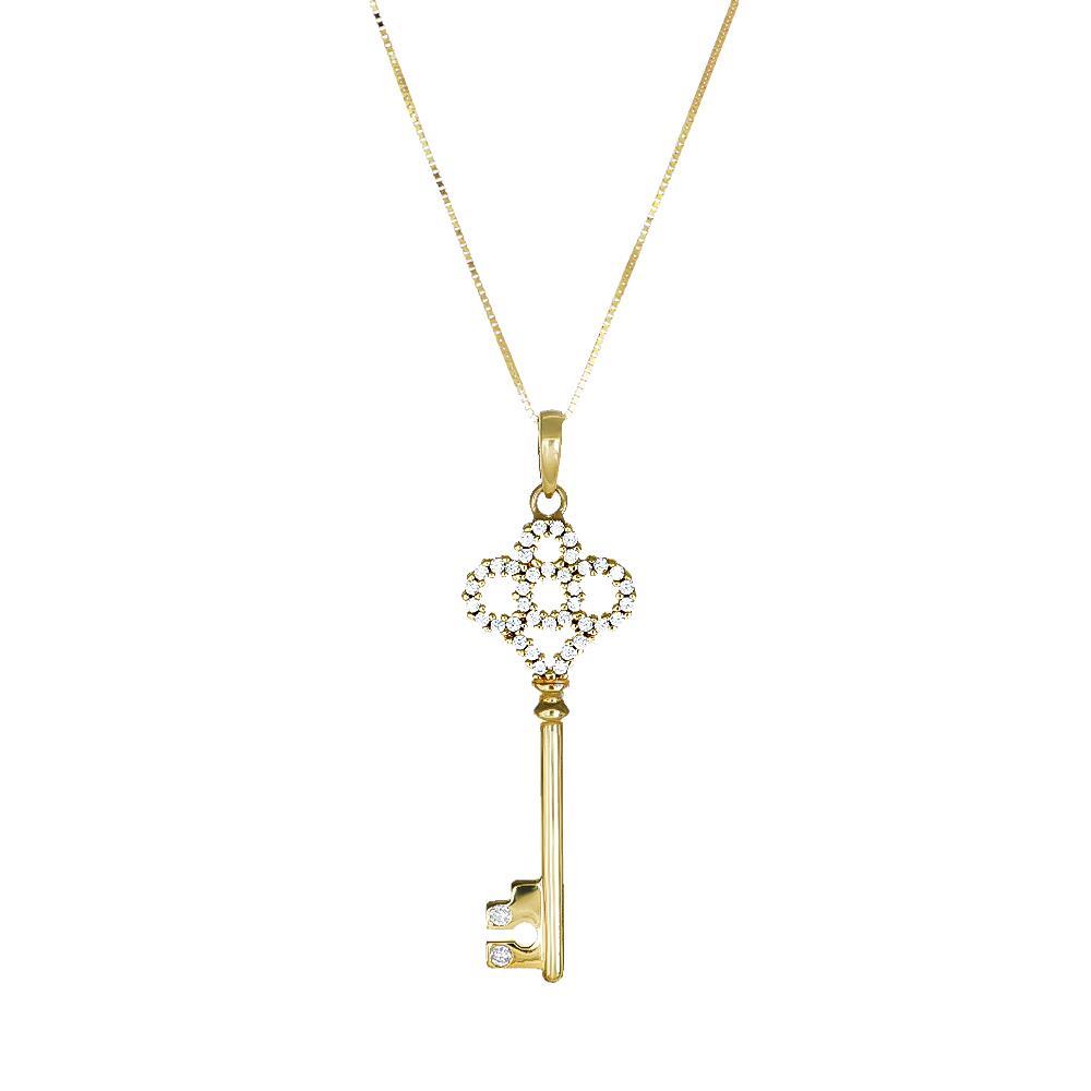 Collana con Chiave in Oro Giallo 18 Kt e Cubic Bianca