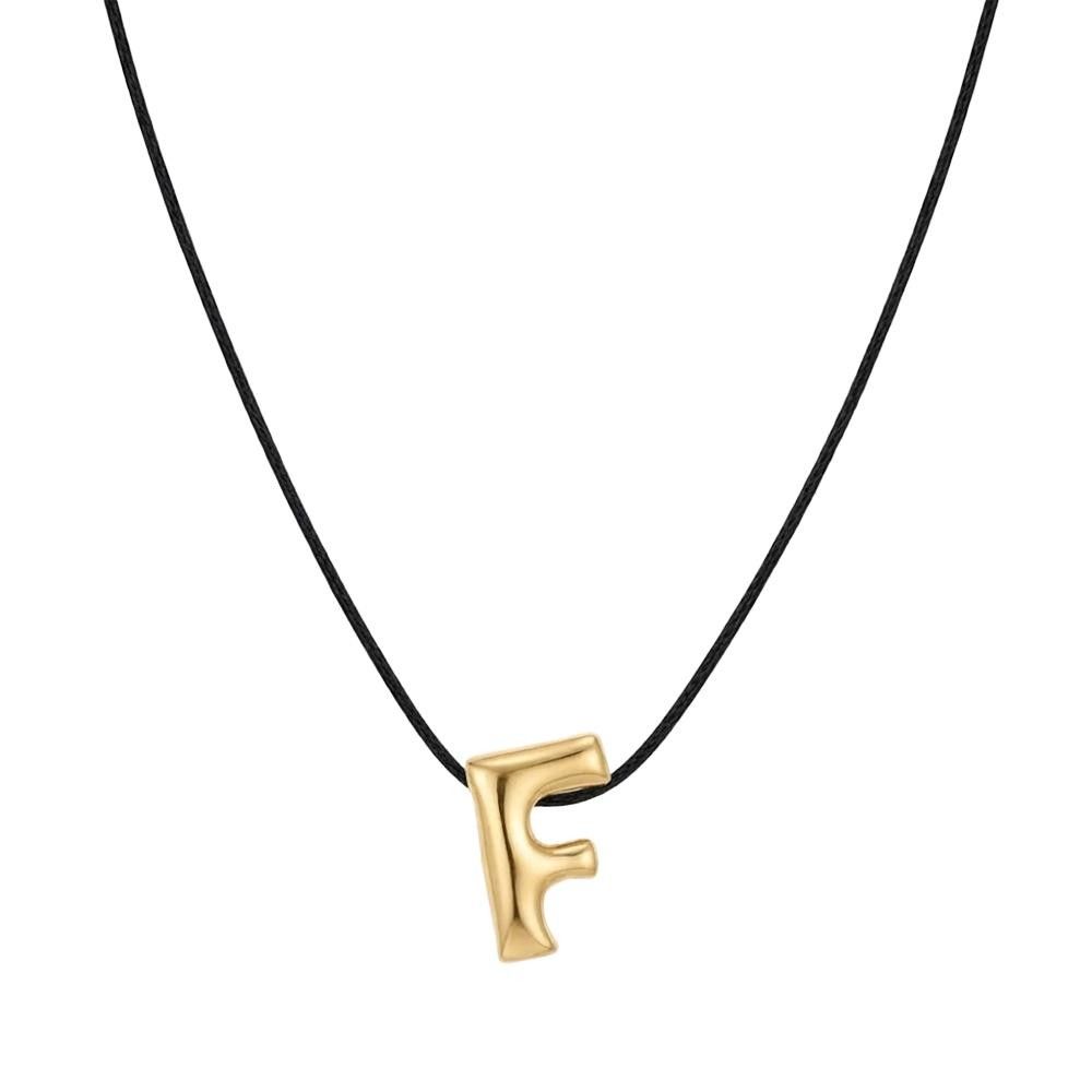 Collana con Lettera F con Cordino Nero in Oro Giallo 18 Kt