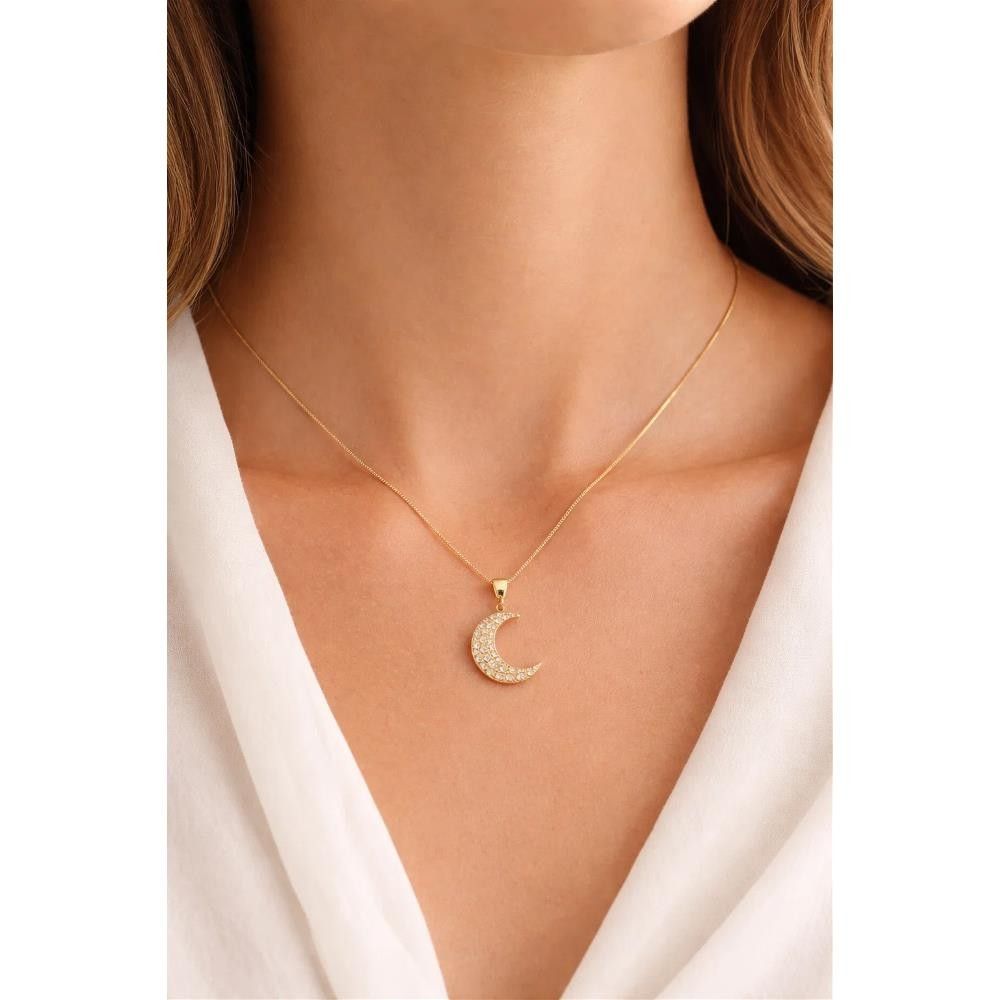 Collana con Luna in Oro Giallo 18 Kt e Cubic Bianca