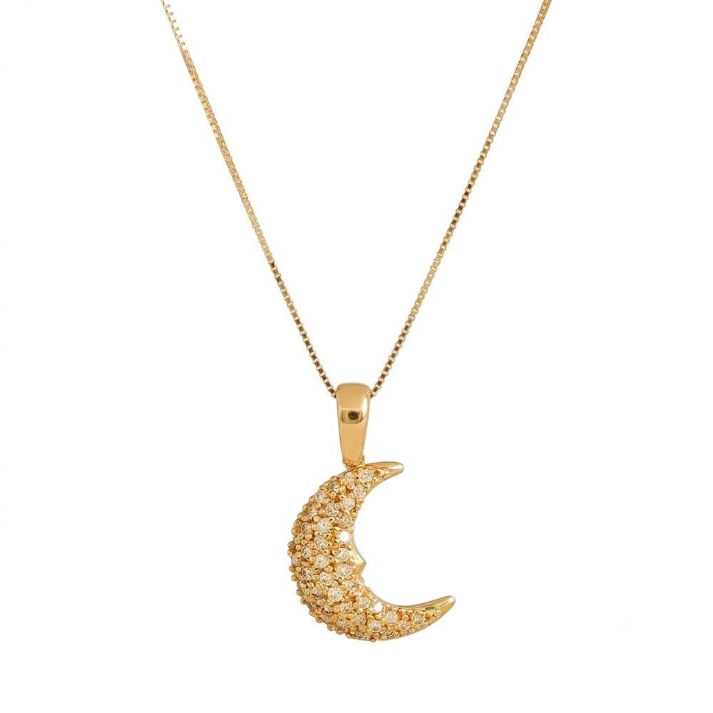 Collana con Luna in Oro Giallo 18 Kt e Cubic Bianca