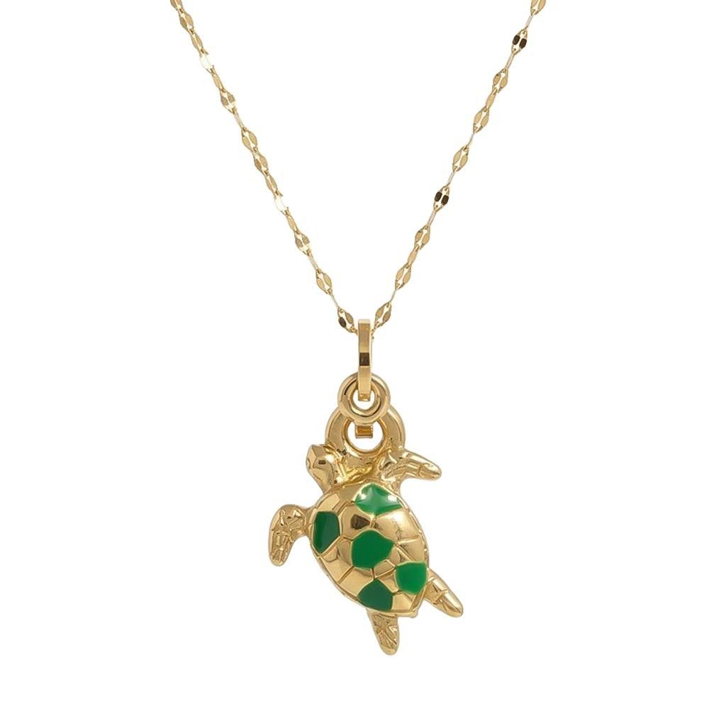 Collana con Tartaruga e Smalto Verde in Oro 18 Kt