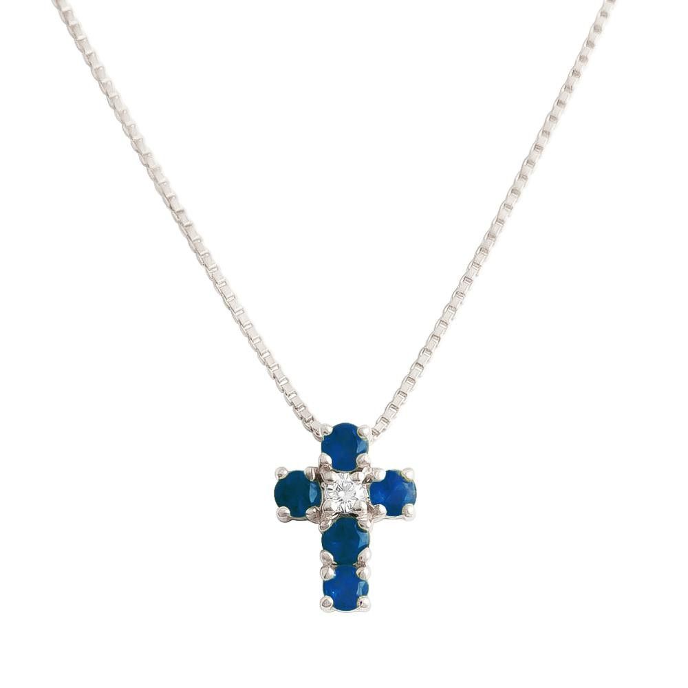 Collana Croce in Oro Bianco 18 Kt Diamante e Zaffiri Blu