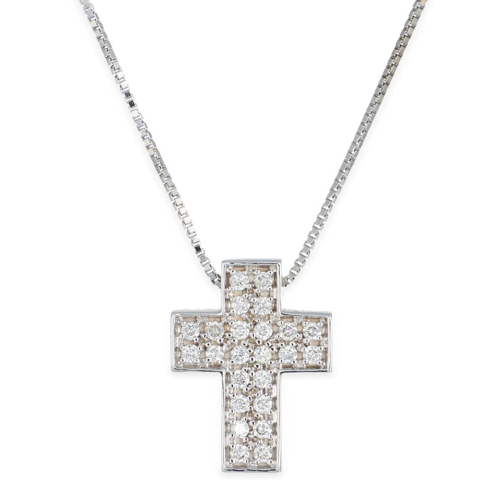 Collana Croce in Oro Bianco 18 Kt in Pavè di Diamanti