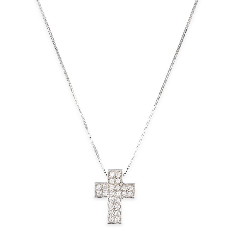 Collana Croce in Oro Bianco 18 Kt in Pavè di Diamanti