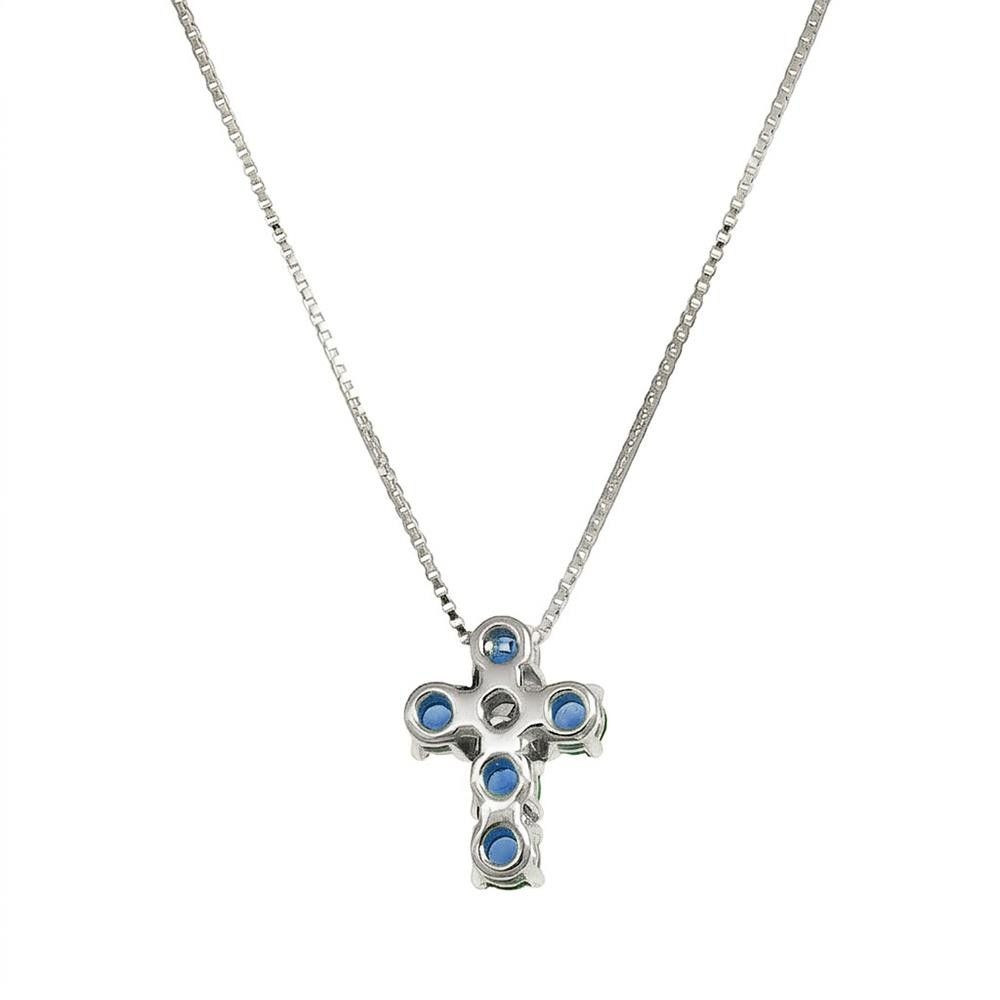 Collana Croce Piccola in Oro Bianco 18 Kt Diamante e Zaffiri Blu