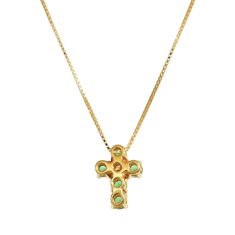 Collana Croce Piccola in Oro Giallo 18 Kt Diamante e Smeraldi
