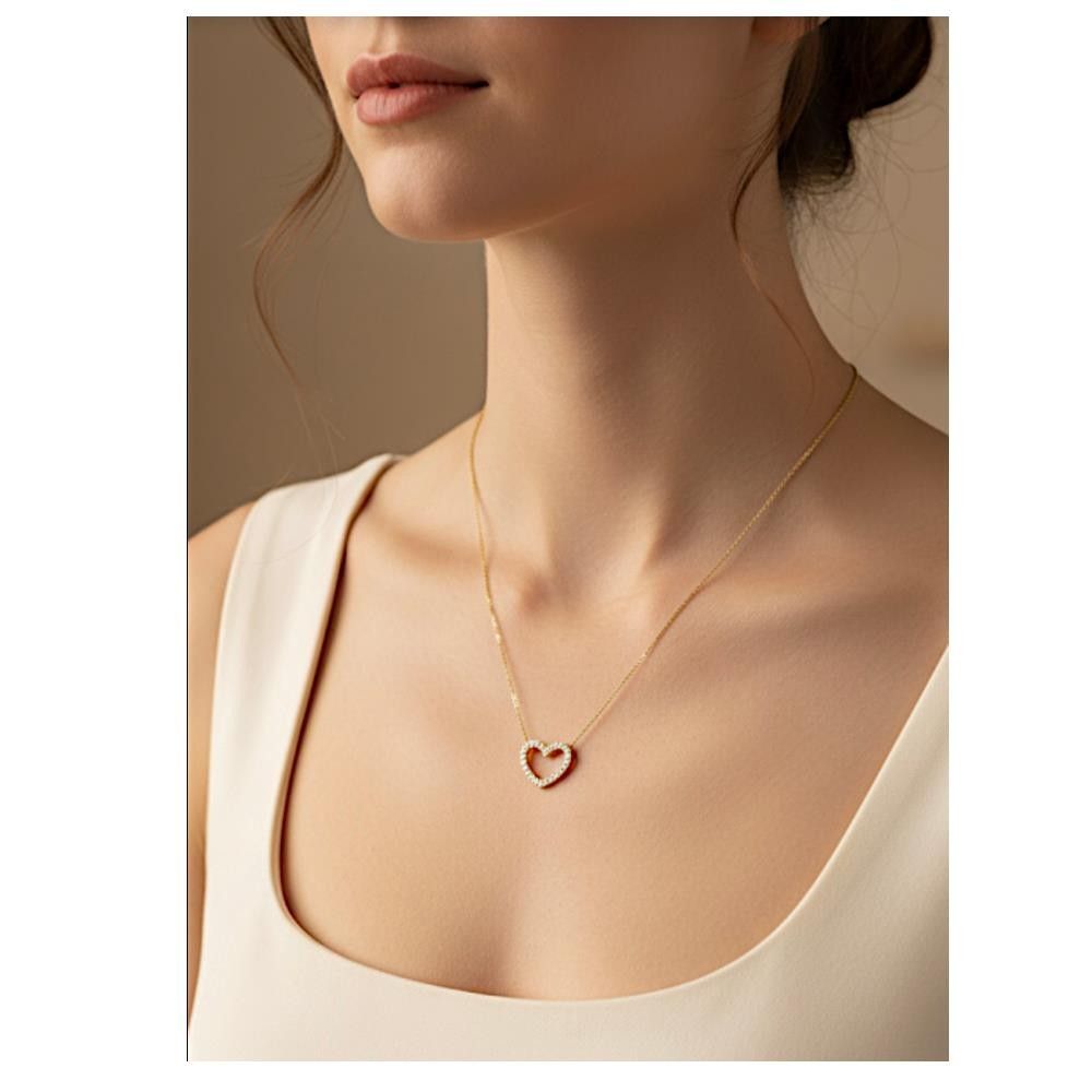 Collana Cuore Aperto in Oro Giallo 18 Kt e Cubic Bianca