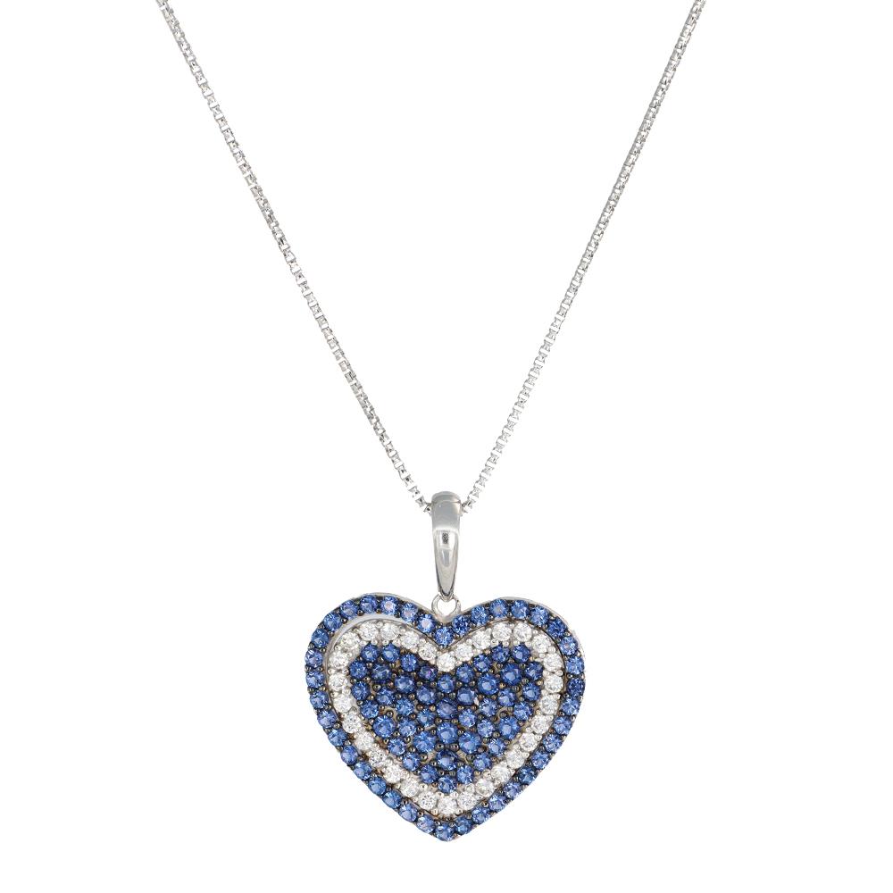 Collana Cuore in Oro Bianco 18 Kt E Cubic Zirconia Blu