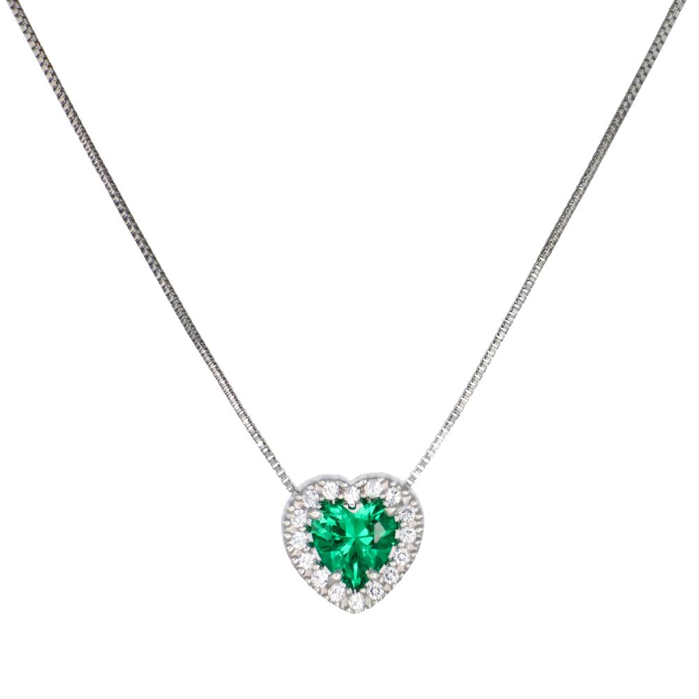 Collana Cuore in Oro Bianco 18 Kt E Cubic Zirconia Verde