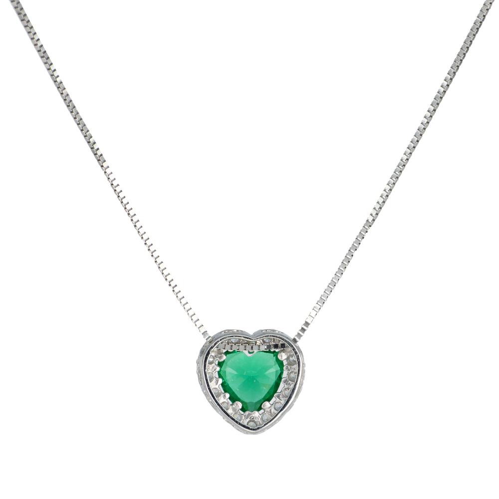 Collana Cuore in Oro Bianco 18 Kt E Cubic Zirconia Verde