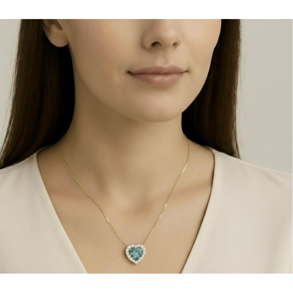 Collana Cuore in Oro Giallo 18 Kt e Cubic Celeste Acquamarina