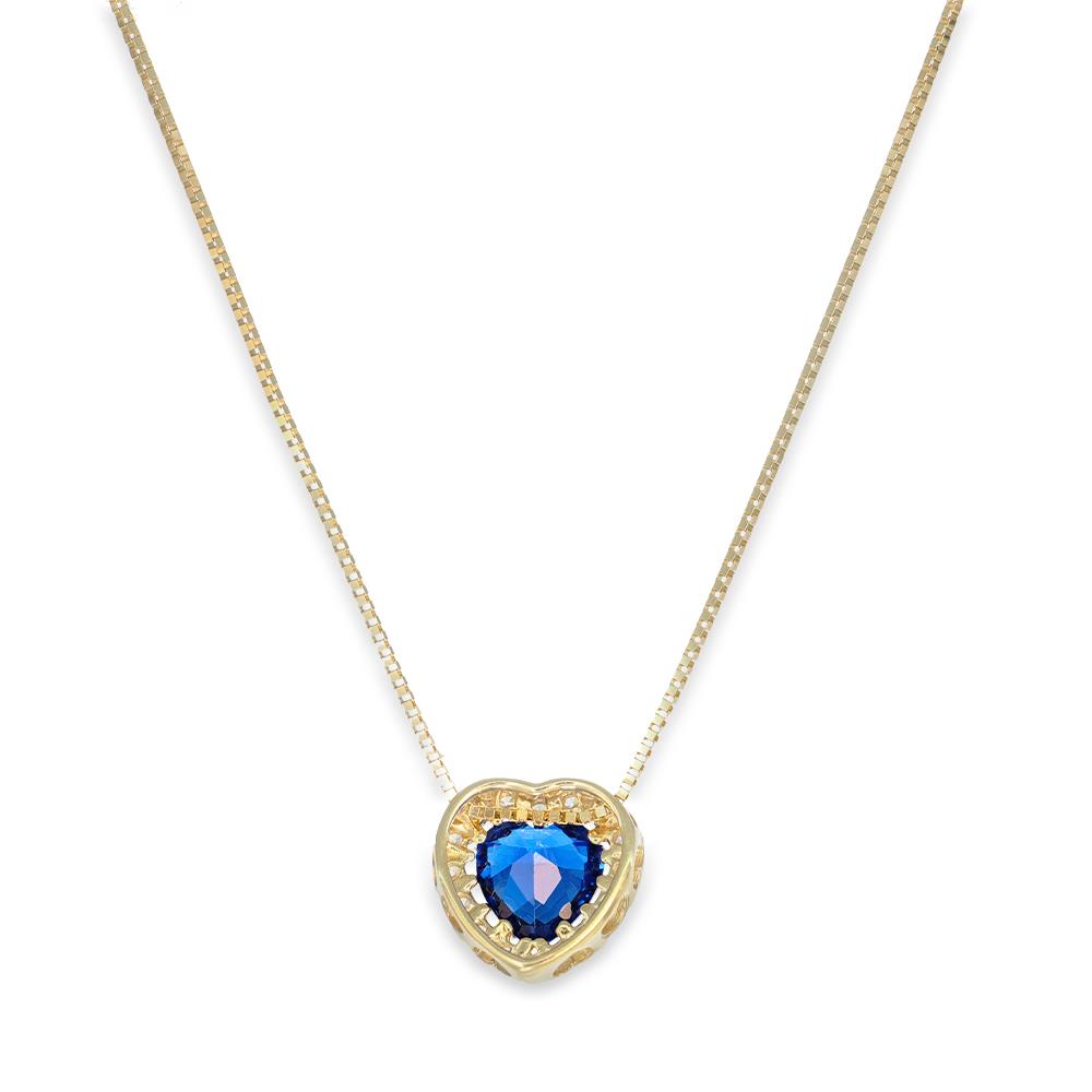 Collana Cuore in Oro Giallo 18 Kt e Cubic Zirconia Blu