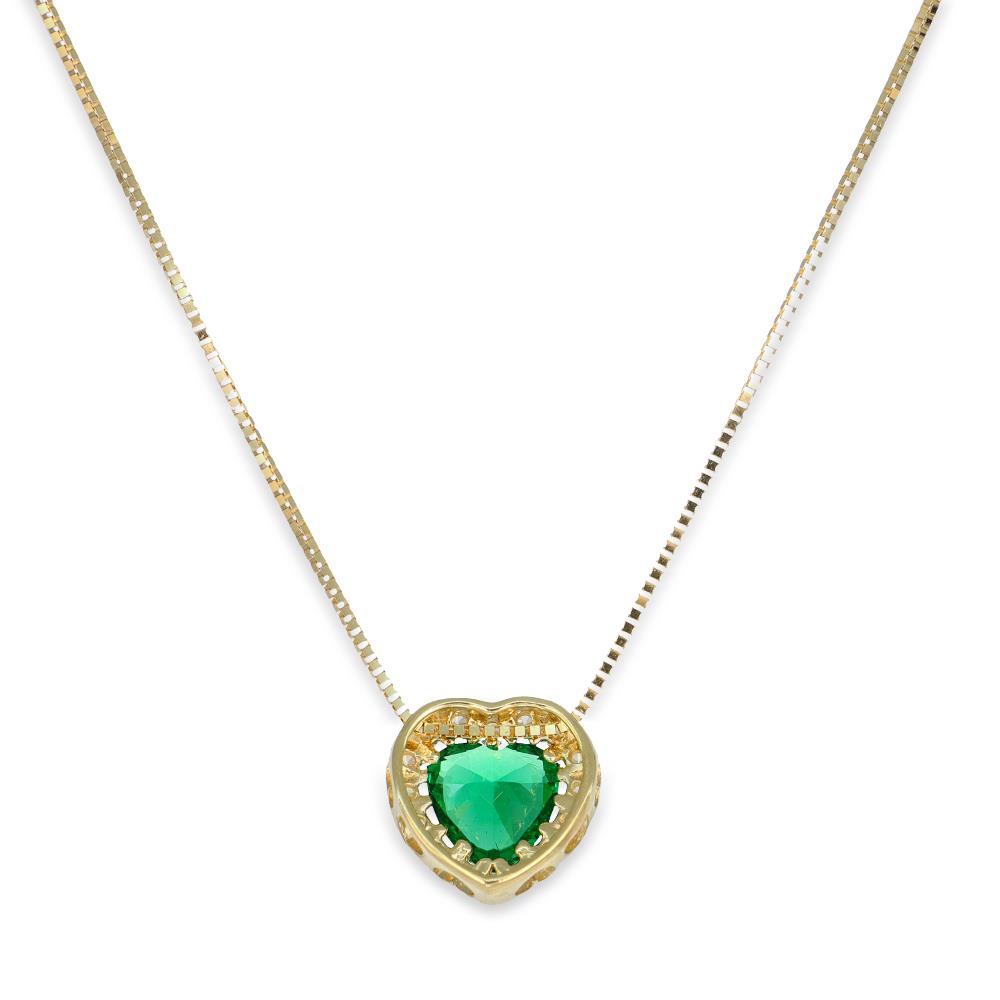 Collana Cuore in Oro Giallo 18 Kt e Cubic Zirconia Verde