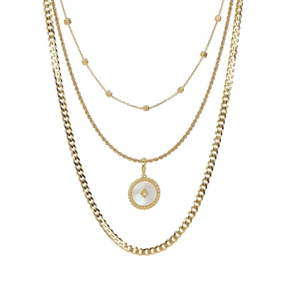 Collana Etrusca Multifilo Catene Miste con Pendente Tondo in Madreperla Bianca