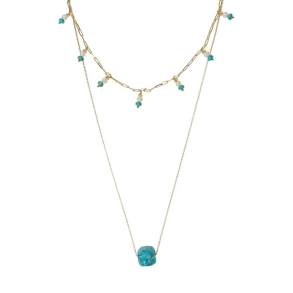 Collana Etrusca Multifilo con Pietra Naturale Turchese e Perle Bianche d