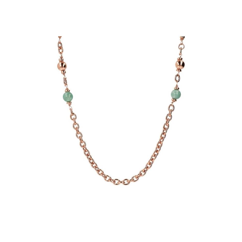 Collana in bronzo rosa catena rolo con maglie rettangolari e sfere di quarzite verde, Bronzallure
