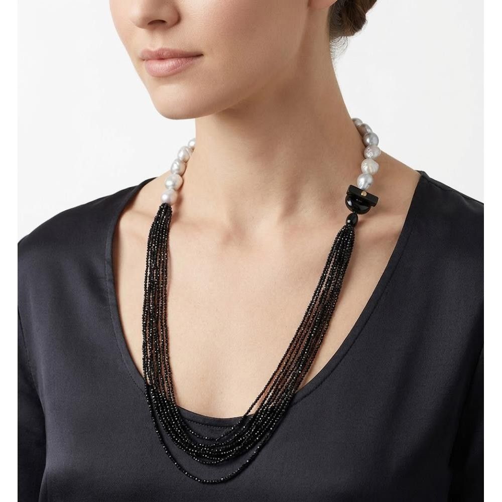 Collana Lunga Evanueva Perle Naturali e Spinello Nero