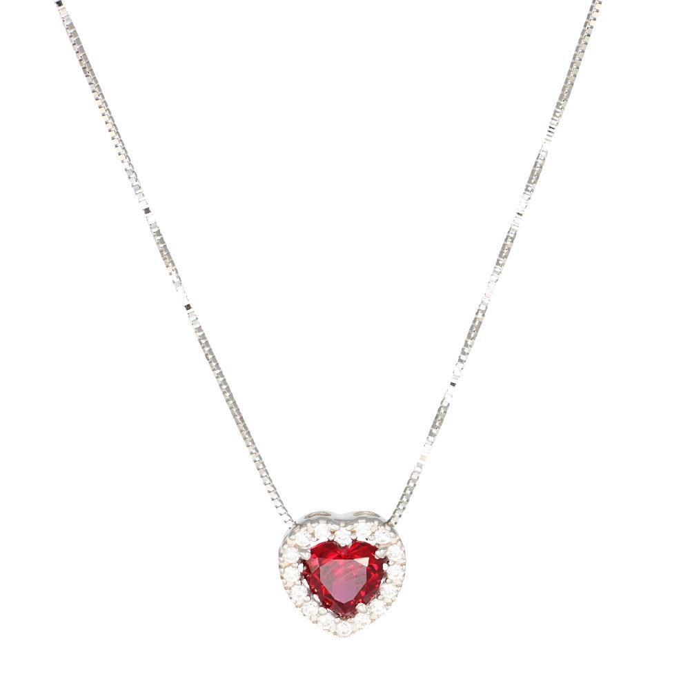 Collana Cuore in Oro Bianco 18 Kt e Cubic Rosso Rubino
