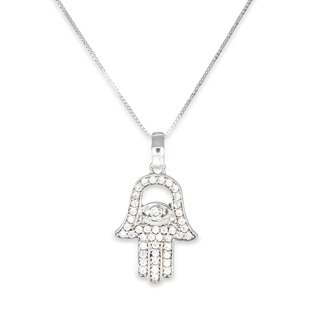 Collana Mano di Fatima in Oro Bianco 18 Kt e Cubic