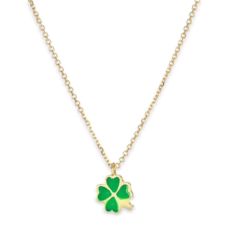 Collana Quadrifoglio in Oro Giallo 18 Kt e Smalto Verde