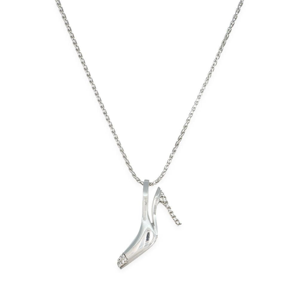 Collana Scarpa con Tacco in Oro Bianco 18 Kt e Cubic