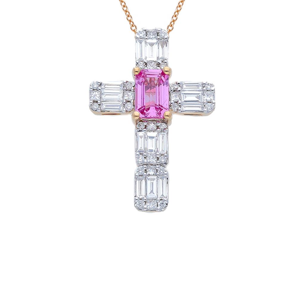 Collana SONGA Croce Top Magic in Oro Rosa 18 Kt Zaffiro Rosa e Diamanti