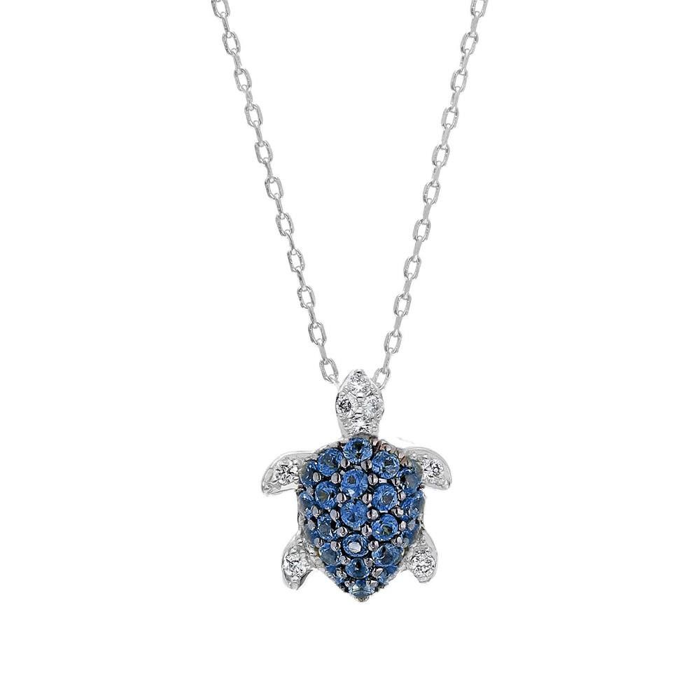 Collana Tartaruga in Oro Bianco 18 Kt con Diamanti e Zaffiri Blu