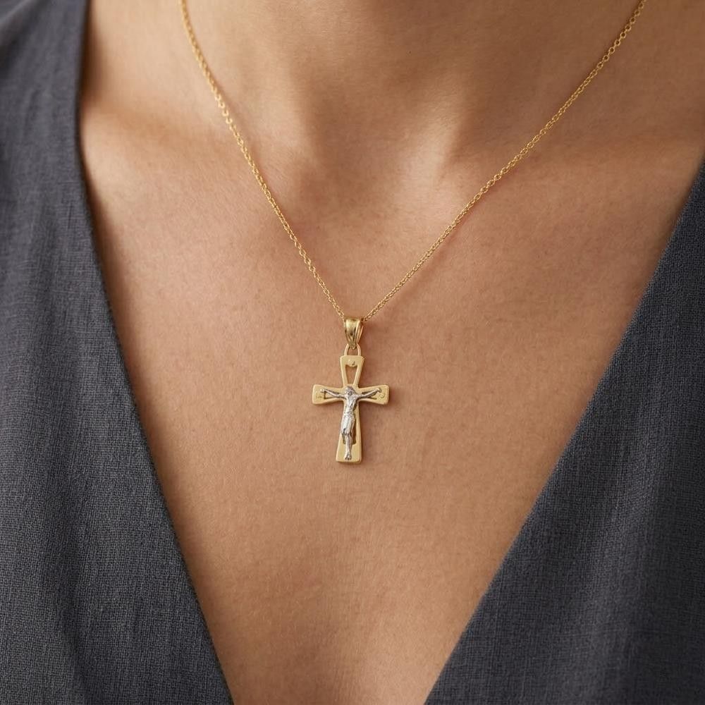Croce con Cristo in Oro Giallo e Bianco 18 Kt