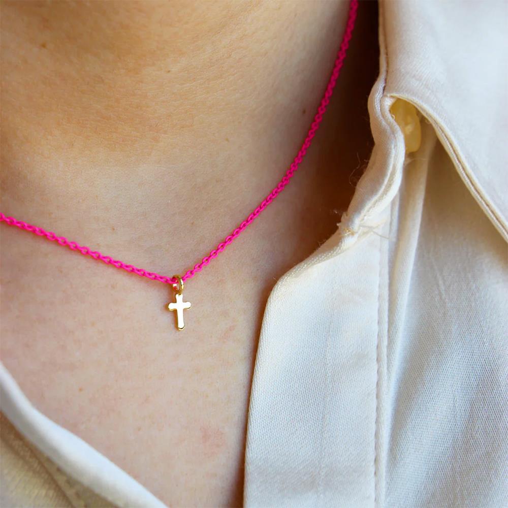 Girocollo Rue Des Mille Oro 18 KT Croce Rosa Fluo