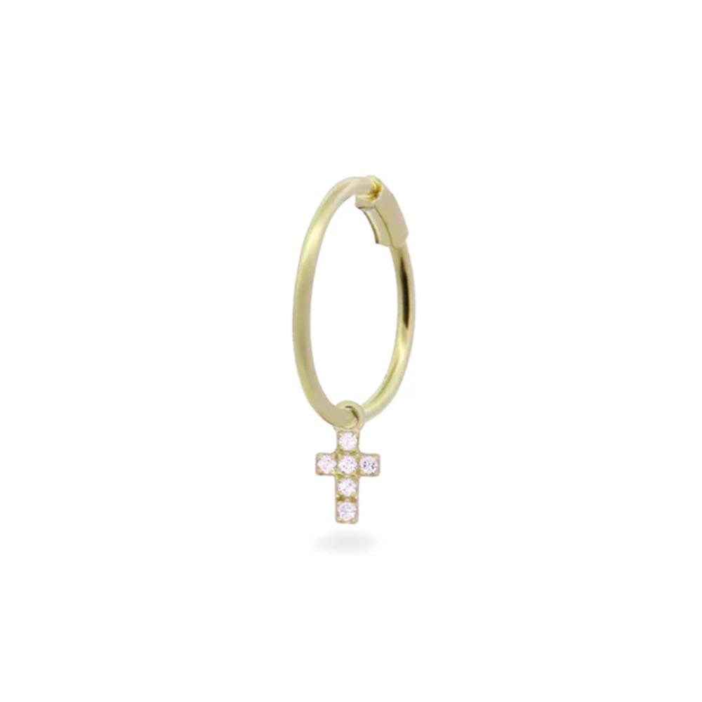 Mono Orecchino Rue Des Mille Oro 18 KT e Diamanti Hoop Mini Croce