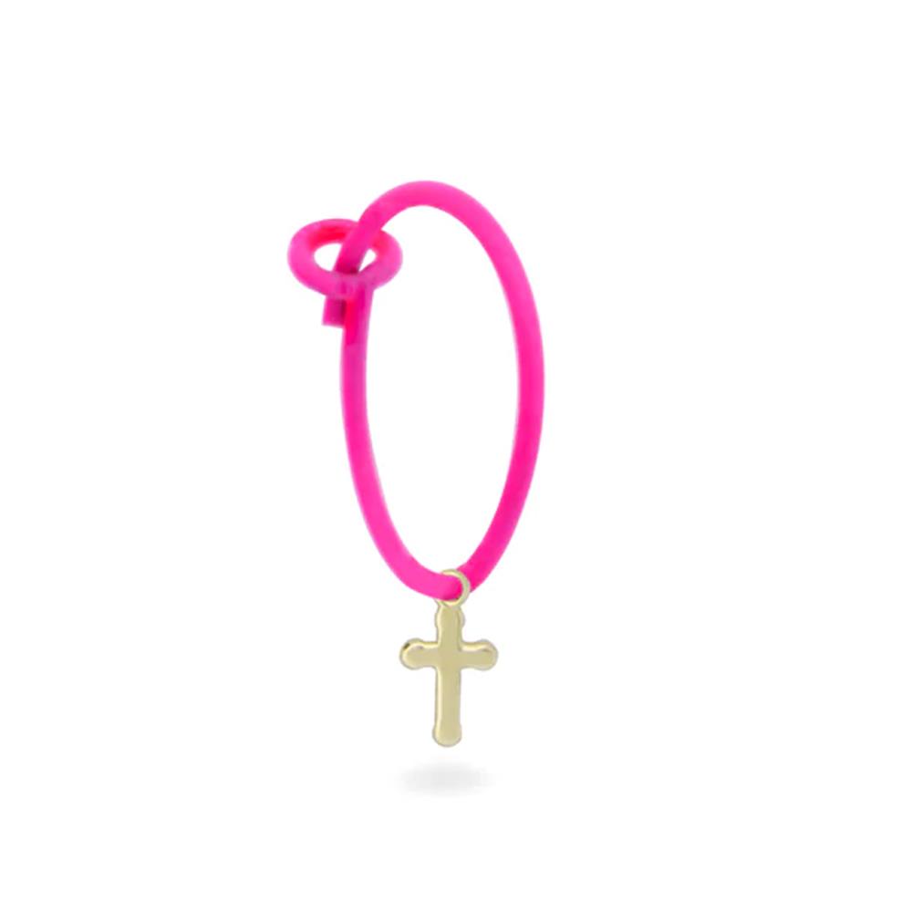 Mono Orecchino Rue Des Mille Oro 18 KT Hoop Croce Rosa Fluo