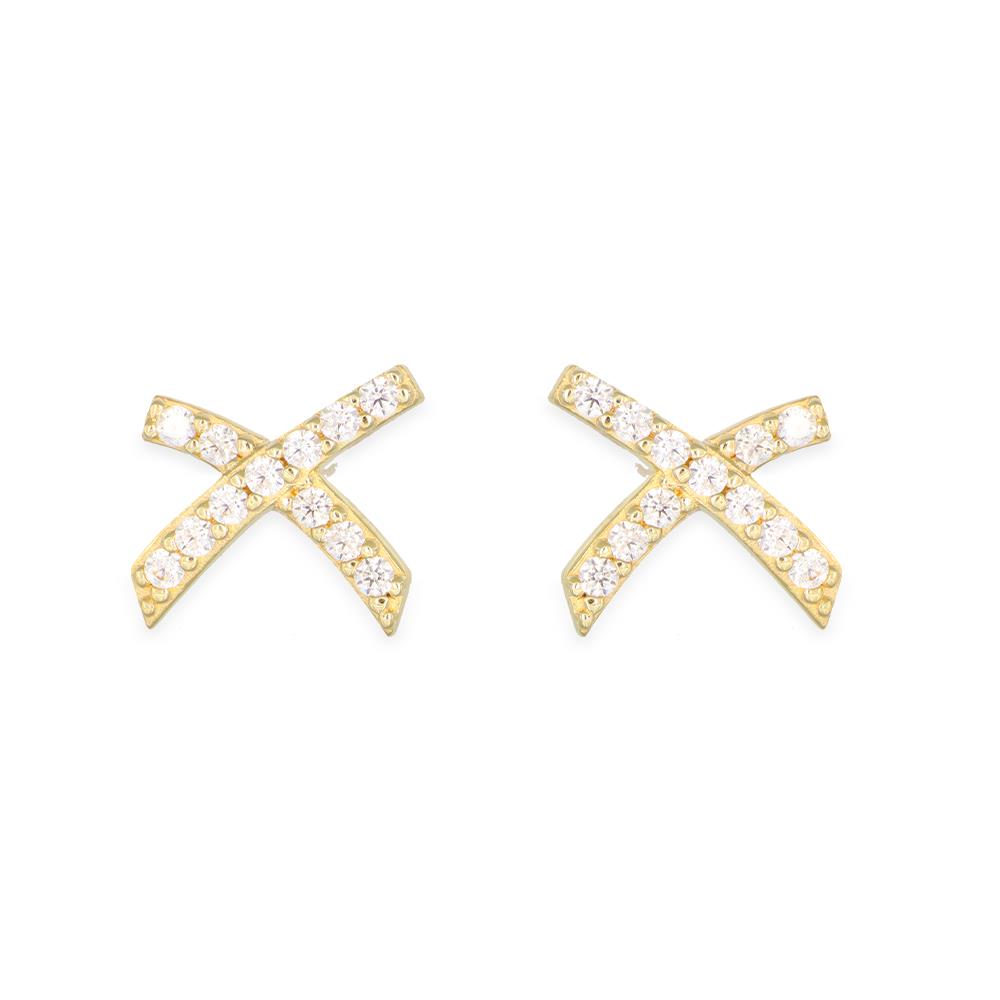 Orecchini a X in Oro Giallo 18 Kt e Cubic Bianca