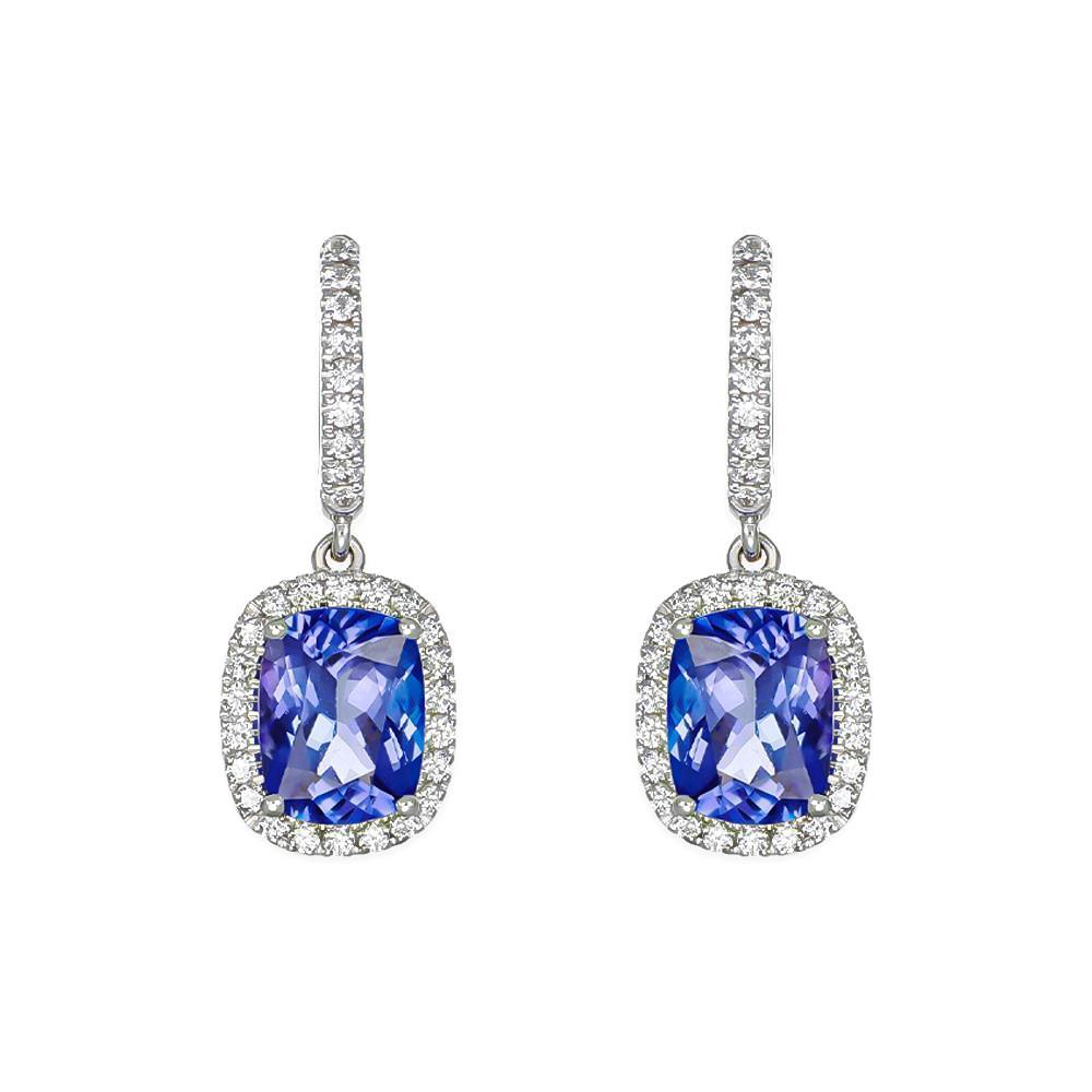 Orecchini Cerchi Pendenti in Oro Bianco 18 Kt con Diamanti e Tanzanite