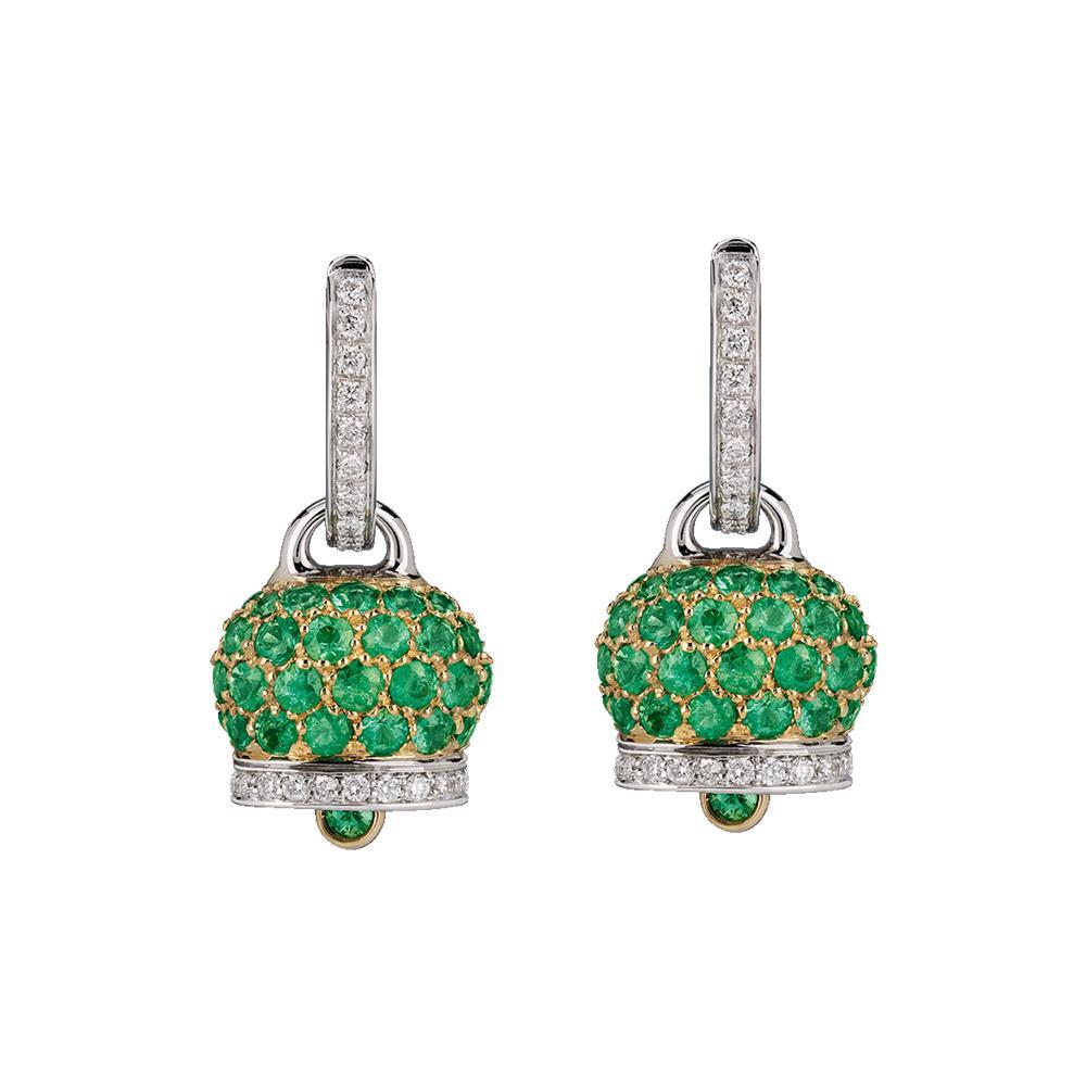 Orecchini Chantecler Campanelle Oro KT 18 Diamanti e Pavè di Smeraldi Medi